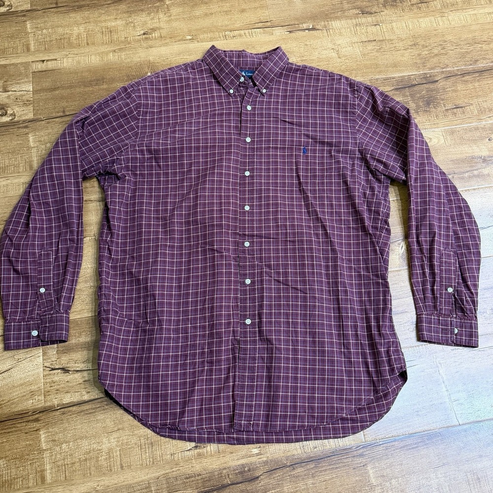 Polo Ralph Lauren Burgundy Windowpane Button Down Shirt Cotton Sz XLT